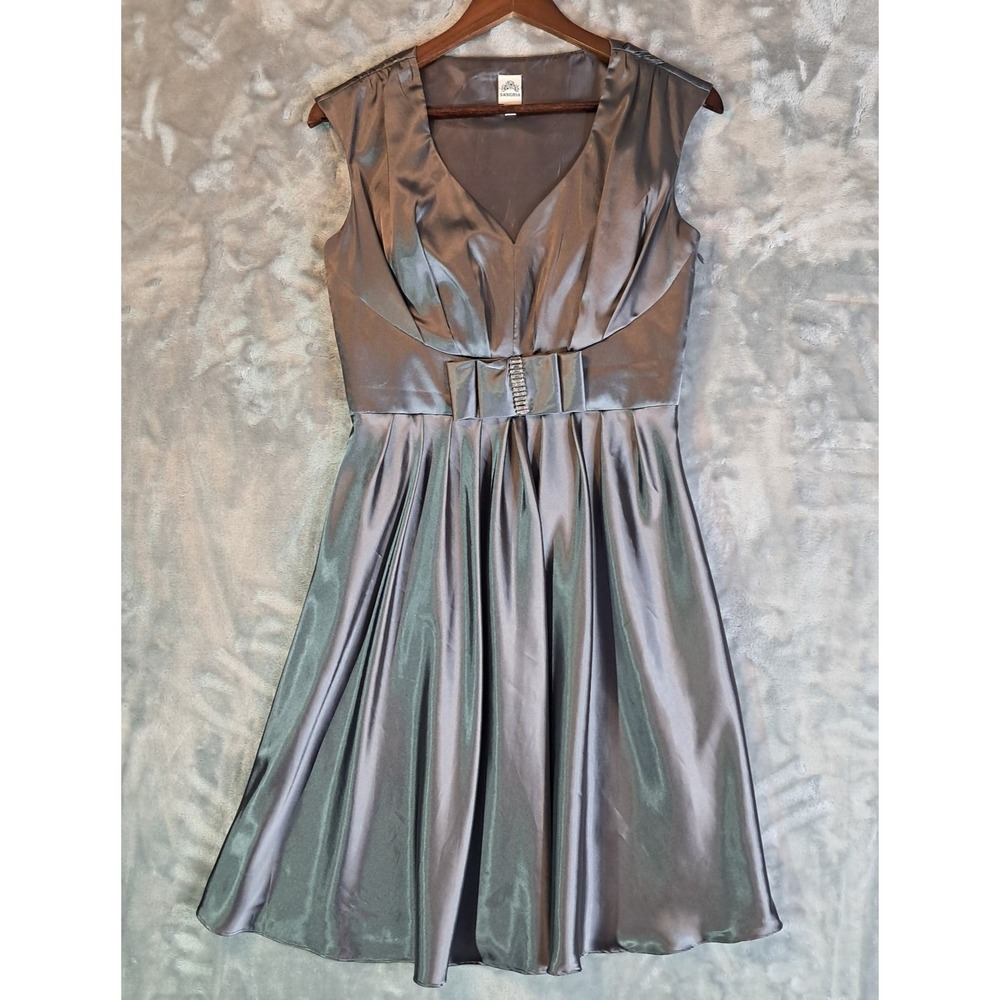 Sangria Womens Gray Pewter Metallic Satin V-Neck Rhinestone Bow Dress Size 6